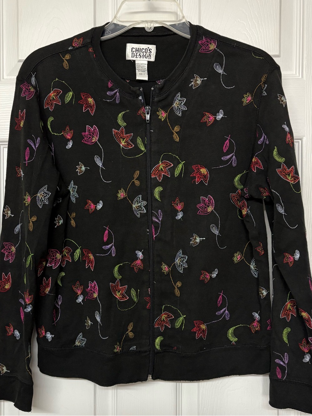 Chico's Black Multi Color Floral Embroidered Zip Up Sweatshirt Jacket Size 1 (M)